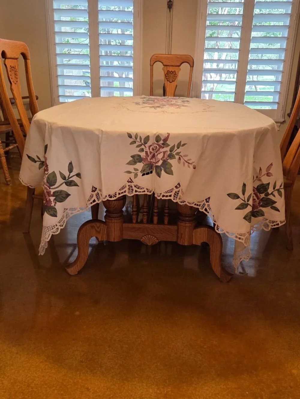 Battenburg Lace Hand Painted Rose Tablecloth 68x120 Ecru Beige with Cutouts, NWT